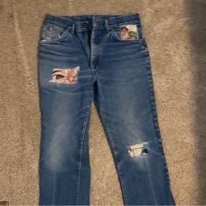 Dead Wax Vintage Lee Blue Straight Leg Women's Jeans with Artistic Patches